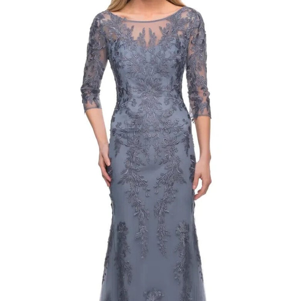La Femme Slate Blue Embroidered Lace Maxi Gown